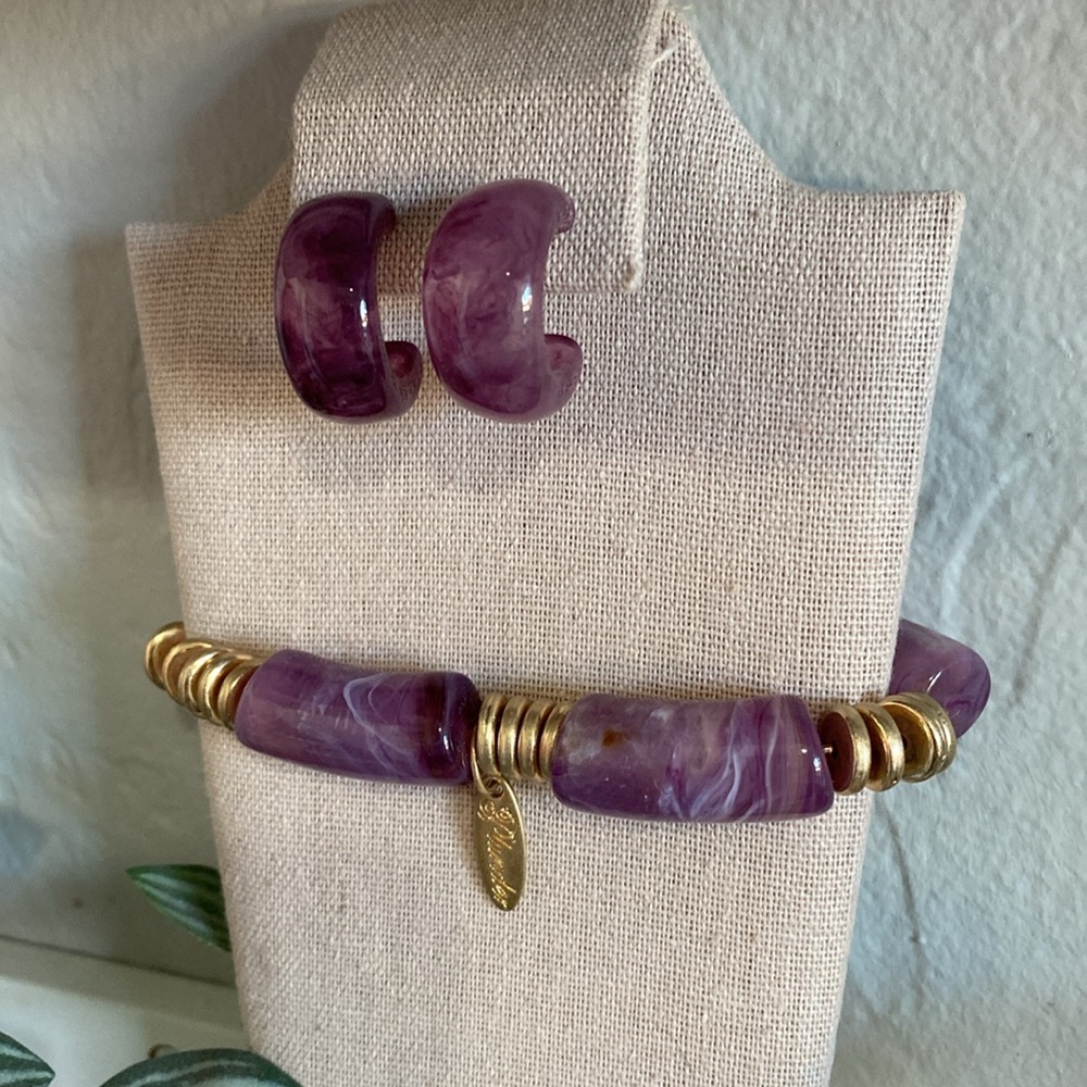 New Chunky Lavender & Gold Acrylic Bracelet & Earrings Set by Plunder
